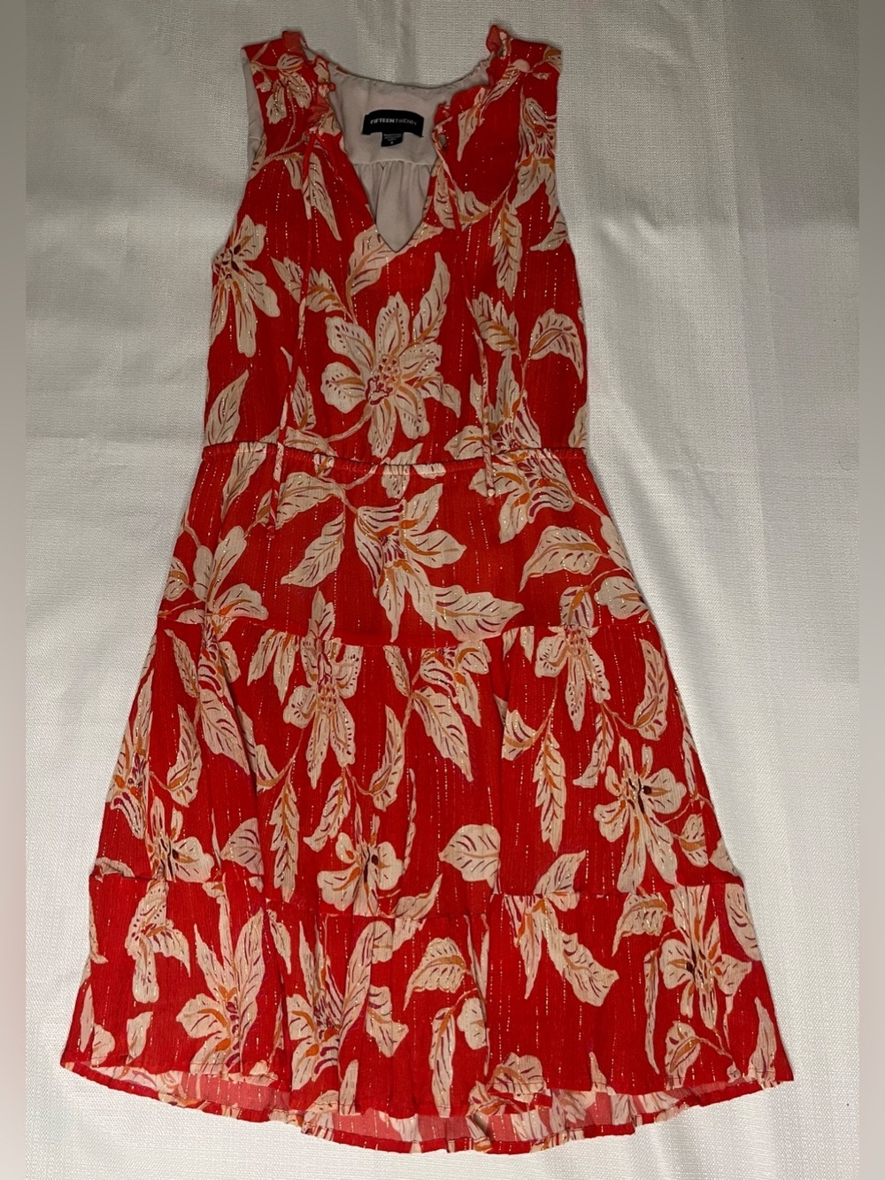 Fifteen Twenty Dress Tropical Floral Tiered Midi Metallic Stripe Resortcore Boho